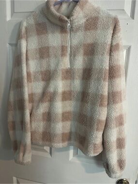 Colsie Plush Checkered Sherpa Jacket - Cream & Light Brown